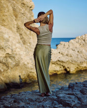 Load image into Gallery viewer, Olive Crinkle Satin Maxi Skirt