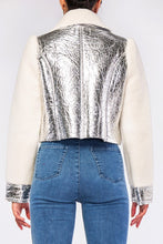 Load image into Gallery viewer, silver leather jacket, womens fur jacket, sherpa jacket, womens winter jackets, womens leather jackets, metallic jacket, metallic leather jacket, saffire clothing
