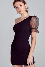 Load image into Gallery viewer, Noble Puff One Shoulder Dress in Black