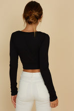 Load image into Gallery viewer, long sleeve crop top, black crop top, black long sleeves, womens black tops, womens black crop tops, womens cut out tops, cut out crop tops, ribbed crop top