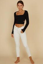 Load image into Gallery viewer, long sleeve crop top, black crop top, black long sleeves, womens black tops, womens black crop tops, womens cut out tops, cut out crop tops, ribbed crop top