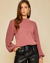 Load image into Gallery viewer, crochet knit sweater, mauve sweater, womens sweaters, fall sweater, contrast sleeve top, puff sleeve sweater, balloon sleeve sweater