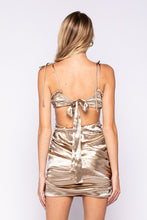 Load image into Gallery viewer, Golden Ruched Satin Cutout Dress