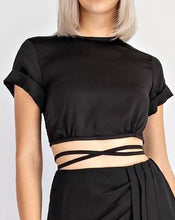 Load image into Gallery viewer, black crop top, satin crop top, black satin crop top, emma leger style, lioness tops, pretty little thing tops, spaghetti crop tops, saffire clothing