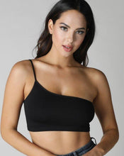 Load image into Gallery viewer, one shoulder top, nikibiki, ribbed crop top, womens clothing, fashion, womens fashion, black crop top, black one shoulder top, womens clothes, fashion nova