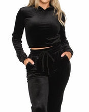Load image into Gallery viewer, black velvet lounge set, black velvet hoodie, black velvet joggers, velvet sweatpants, velvet sweatshirt, saffire clothing, fashion nova lounge set