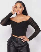 Load image into Gallery viewer, corset top, ruched mesh top, bustier top, house of cb top, womens crop tops, womens glitter tops