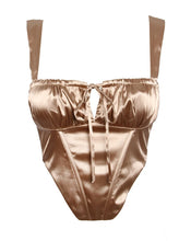 Load image into Gallery viewer, champagne corset top, satin corset top, house of cb, bustier top, womens satin crop top, tic toc la corset top