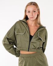 Load image into Gallery viewer, womens bomber, bomber jacket, womens wind-breaker,womens clothing, womens fashion, womens clothes, fashion nova, womens jacket, womens outerwear, olive green jacket, crystal jacket, crystal trim