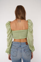 Load image into Gallery viewer, sage satin top, sage green top, long sleeve crop top, satin crop top, puff sleeve top, womens clothing, fashion, womens fashion, womens clothes, revolve, corset crop top, topshop, zara, prettylittlething, princesspolly, online boutique, puff sleeves, lace-up crop top