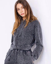 Load image into Gallery viewer, rhinestone sweatshirt, black vintage hoodie, womens black tie dye sweatshirt, black lounge pants, black crystal lounge wear, crystal sweater, topshop, saffireclothing