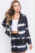 Load image into Gallery viewer, womens leather jacket, black leather jacket, tie dye denim jacket, colored denim jacket, white denim jacket, bleached denim jacket