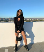 Load image into Gallery viewer, black keyhole sweater, cropped black sweater, revolve sweaters, princess polly sweater, black tie back sweater, black open back sweater