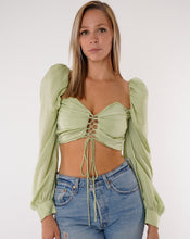 Load image into Gallery viewer, sage satin top, sage green top, long sleeve crop top, satin crop top, puff sleeve top, womens clothing, fashion, womens fashion, womens clothes, revolve, corset crop top, topshop, zara, prettylittlething, princesspolly, online boutique, puff sleeves, lace-up crop top