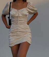 Load image into Gallery viewer, Empathy Satin Puff Sleeve Dress in Champagne