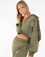 Load image into Gallery viewer, womens bomber, bomber jacket, womens wind-breaker,womens clothing, womens fashion, womens clothes, fashion nova, womens jacket, womens outerwear, olive green jacket, crystal jacket, crystal trim