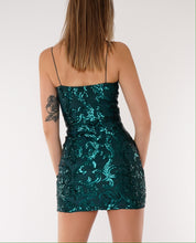 Load image into Gallery viewer, womens clothing, womens fashion, womens dresses, party dress, abstract sequin dress, sequin dress, party styles, sequin party outfit, teal blue dress, hunter green dress, sparkly dress, sparkling dress, iridescent sequin dress