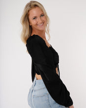 Load image into Gallery viewer, black long sleeves, satin crop top, puff sleeve top, womens clothing, fashion, womens fashion, womens clothes, revolve, corset crop top, topshop, zara, prettylittlething, princesspolly, online boutique, puff sleeves, satin dress