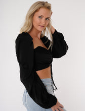 Load image into Gallery viewer, black long sleeves, satin crop top, puff sleeve top, womens clothing, fashion, womens fashion, womens clothes, revolve, corset crop top, topshop, zara, prettylittlething, princesspolly, online boutique, puff sleeves, satin dress