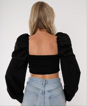 Load image into Gallery viewer, black long sleeves, satin crop top, puff sleeve top, womens clothing, fashion, womens fashion, womens clothes, revolve, corset crop top, topshop, zara, prettylittlething, princesspolly, online boutique, puff sleeves, satin dress