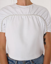 Load image into Gallery viewer, womens white tshirt, women crystal top, womens crystal t-shirt, ruched white top, white t-shirt, crystal trim top, womens loungewear, womens white shirts, womens short sleeves, fashion nova