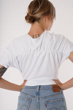 Load image into Gallery viewer, womens white tshirt, women crystal top, womens crystal t-shirt, ruched white top, white t-shirt, crystal trim top, womens loungewear, womens white shirts, womens short sleeves, fashion nova