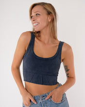 Load image into Gallery viewer, womens clothing, fashion, womens fashion, blue crop top, vintage top, sports bra, nikibiki, ribbed top, long crop top, alo yoga