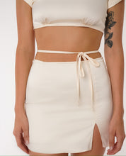 Load image into Gallery viewer, satin two piece set, satin slit skirt, satin crop top, womens satin top, womens clothing, ivory two piece set, womens white satin set, womens dress set, dressy two piece set