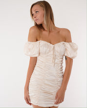 Load image into Gallery viewer, womens puff sleeve dress, puff sleeve top, champagne dress, satin dresses, womens clothing, lucy in the sky dresses, party dress, special occasion dresses, puff sleeve satin dress, ruched dresses