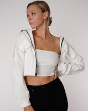 Load image into Gallery viewer, crystal jackets, jackets, womens clothing, fashion, womens fashion, womens clothes, fashion nova, revolve, faLL collection, topshop, zara, prettylittlething, princesspolly, online boutique, puff sleeves, satin dress, fall style 2020, fall fashion 2020, winter jackets, white jackets, women's outerwear, crystal trim, crystal fringe