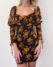 Load image into Gallery viewer, puff sleeve chiffon dress, chiffon dress, black dress, ruched dress, floral chiffon dress, floral dress, fall dresses