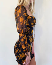 Load image into Gallery viewer, puff sleeve chiffon dress, chiffon dress, black dress, ruched dress, floral chiffon dress, floral dress, fall dresses