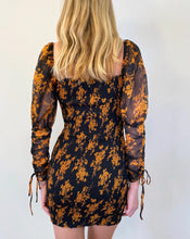 Load image into Gallery viewer, puff sleeve chiffon dress, chiffon dress, black dress, ruched dress, floral chiffon dress, floral dress, fall dresses