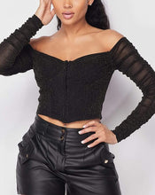 Load image into Gallery viewer, mesh tops, black corset tops, off shoulder tops, shimmer mesh top, revolve tops, fall fashion trends, fall tops, fall 2021 trends, corset tops, mesh tops, fashion nova tops