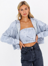 Load image into Gallery viewer, grey tie dye jacket, tie dye hoodie, tie dye zip up, tie dye sweater, blue tie dye hoodie, womens hoodies, womens three piece sets, womens lounge wear