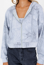 Load image into Gallery viewer, grey tie dye jacket, tie dye hoodie, tie dye zip up, tie dye sweater, blue tie dye hoodie, womens hoodies, womens three piece sets, womens lounge wear