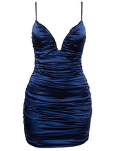 Load image into Gallery viewer, satin dress, navy satin dress, ruched party dress, satin mini dress, party dresses, blue party dress, saffire clothing