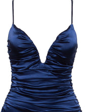 Load image into Gallery viewer, satin dress, navy satin dress, ruched party dress, satin mini dress, party dresses, blue party dress, saffire clothing