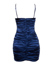 Load image into Gallery viewer, satin dress, navy satin dress, ruched party dress, satin mini dress, party dresses, blue party dress, saffire clothing