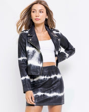 Load image into Gallery viewer, womens leather jacket, black leather jacket, tie dye denim jacket, colored denim jacket, white denim jacket, bleached denim jacket