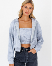 Load image into Gallery viewer, grey tie dye jacket, tie dye hoodie, tie dye zip up, tie dye sweater, blue tie dye hoodie, womens hoodies, womens three piece sets, saffire clothing, womens lounge wear