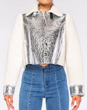 Load image into Gallery viewer, silver leather jacket, womens fur jacket, sherpa jacket, womens winter jackets, womens leather jackets, metallic jacket, metallic leather jacket, saffire clothing