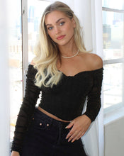 Load image into Gallery viewer, mesh tops, black corset tops, off shoulder tops, shimmer mesh top, revolve tops, fall fashion trends, fall tops, fall 2021 trends, corset tops, mesh tops, fashion nova tops, saffire clothing