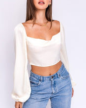 Load image into Gallery viewer, satin top, satin cowl top, white satin top, long sleeve satin top, ivory satin top, satin crop top, white satin tops