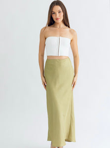 Olive Crinkle Satin Maxi Skirt