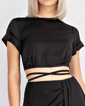Load image into Gallery viewer, black crop top, satin crop top, black satin crop top, emma leger style, lioness tops, pretty little thing tops, spaghetti crop tops, saffire clothing
