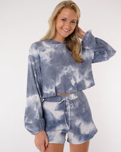 Load image into Gallery viewer, womens tie dye set, tie dye sets, two piece sets, blue tie dye sweatshirt, tie dye sweatshirts, tie dye hoodies, tie dye shorts, womens lounge set, womens pajamas, womens cropped sweatshirt
