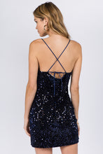 Load image into Gallery viewer, sequin dresses, womens party dresses, sequin velvet dresses, sparkly dresses, navy sequin dress
