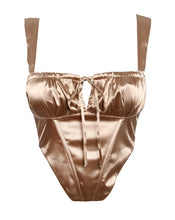 Load image into Gallery viewer, champagne corset top, satin corset top, house of cb, bustier top, womens satin crop top, tic toc la corset top
