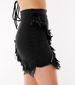 Black Zipper Ruffle Denim Skirt